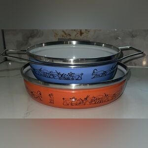 Set of 2 Siltal (Italy) Enamel Pans Egyptian Hieroglyphics Carla Agnelli